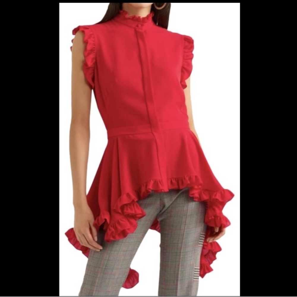 Alexander McQueen Ruffled silk crepe de chine peplum red blouse 44/US 10